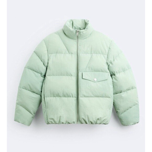 Zara Men Green Mock Neck Long Sleeve Pocket Detail Full-Zip Puffer Jacket Sz XL - Picture 1 of 14